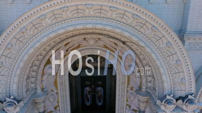 Kronstadt Naval Cathedral Close Up Entrance To The Cathedral Zoom In - Video Drone Footage