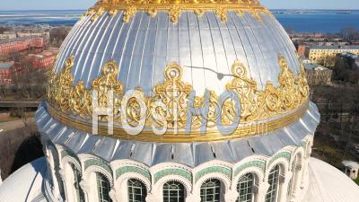 Kronstadt Naval Cathedral Golden Anchors On The Dome Circular Panorama, Close Up Aerial View - Video Drone Footage
