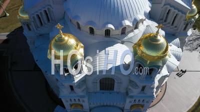  Kronstadt Naval Cathedral Long Shot Aerial View, Camera Tilt - Video Drone Footage