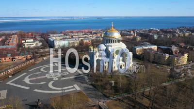  Kronstadt Naval Cathedral Long Shot, Panorama, Aerial View - Video Drone Footage