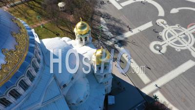 Kronstadt Naval Cathedral View Of Golden Dome And Cross, Square In The Background - Video Drone Footage