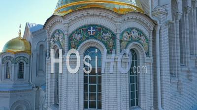 Kronstadt Naval Cathedral View Of Golden Domes And Mosaics, Close Up - Video Drone Footage