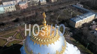 Kronstadt Naval Cathedral View Of Golden Domes, Close Up Shot, Backlight Too Sea - Video Drone Footage