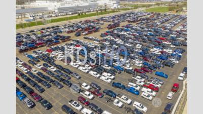 Truck And Cars Awaiting Transport To Dealers - Aerial Photography