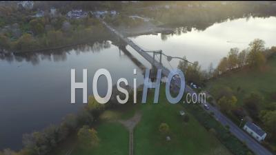 Suspension Bridge Over The River Loire At Ile De Gennes, Aerial Video Drone Footage 