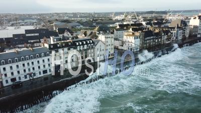 The Phenomenon Of High Tides In Saint-Malo - Video Drone Footage