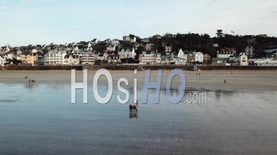 Seaside Town And Beach Of Pleneuf Val Andre At Sunset - Video Drone Footage