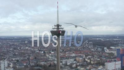 Aerial View Of  Wide Shot Of Cologne Tv Tower On Cloudy Day 4k - Video Drone Footage