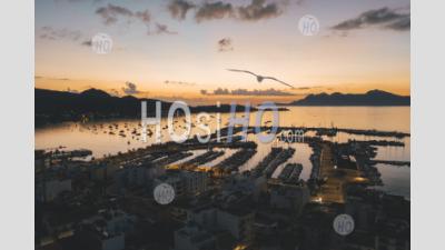 Aerial View Over Golden Sunset In Harbor Bay With Boats In Spain Hq - Aerial Photography