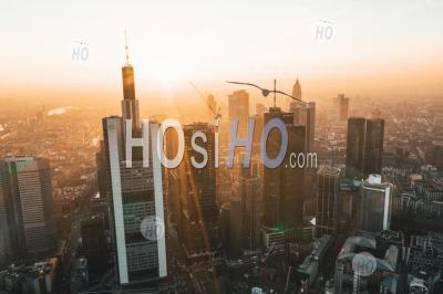 Incredible View Of Frankfurt Am Main, Germany Skyline In On Hazy Winter Morning In Beautiful Sunrise Light Hq - Aerial Photography