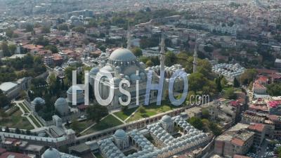 Suleymaniye Mosque With Clear Sky And Impressive Architecture In Istanbul, Turkey, Epic Aerial Wide View From Above - Video Drone Footage