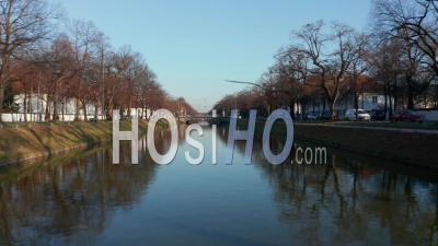 Canals In Munich Residential Neighbourhood On Beautiful Winter Day With Clear Blue Sky, Aerial Low Flight Forward Dolly In - Video Drone Footage