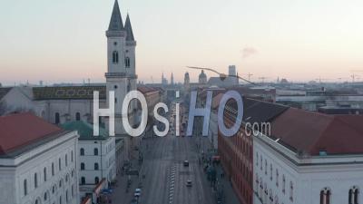 Munich Beautiful Cityscape At Sunset In Winter Above Ludwigstrasse In Munich, Germany Next To University, Stunning German City Aerial Dolly Forward - Video Drone Footage