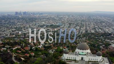 Over Griffith Observatory With Los Angeles, California Skyline In Background In Daylight,Cloudy 4k - Video Drone Footage