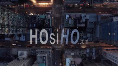 Birds Perspective Of New York City Skyscrapers Street, Road In Manhattan With Busy Car Traffic And City Lights In Beautiful 4k - Video Drone Footage