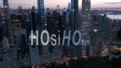 Manhattan Skyline At Night With Flashing City Lights In New York City At Central Park In Beautiful 4k - Video Drone Footage