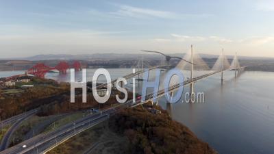Aerial 4k Footage Of Three Bridges Spanning Firth Of Forth In Scotland, Uk - Video Drone Footage