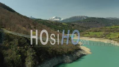 Himalayan Footbridge Over Lake Monteynard, France, Drone Point Of View