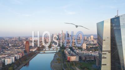 Frankfurt Am Main, Germany Skyline Establisher Sunrise Hyperlapse Moving Time Lapse With European Central Bank Ecb And Main River At Sunrise, Aerial Forward 4k - Video Drone Footage