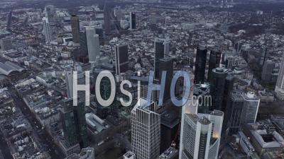 Aerial View Circling Frankfurt Am Main, Germany Skyline On Cloudy Grey Winter Day With Cars Driving 4k - Video Drone Footage