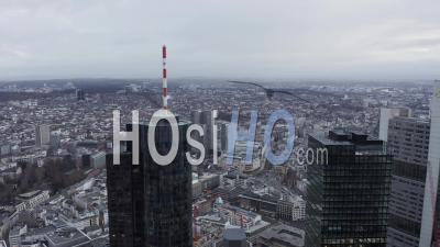Aerial View Of Frankfurt Am Main, Germany Skyline Main Tower On Cloudy Grey Winter Day 4k - Video Drone Footage