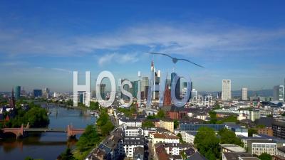 Aerial View Towards Frankfurt Am Main, Germany With Main River On Beautiful Sunny Day 4k - Video Drone Footage
