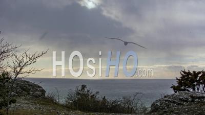 Storm Front With Snowfall Approaching The Coast In Time Lapse