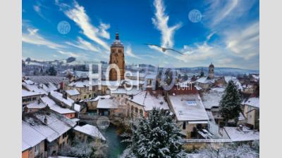 Aerial View Of Arbois City Under The Snow Seen By A Dronec- Aerial Photography