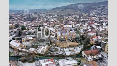 Aerial View Of Arbois City Under The Snow Seen By Drone - Aerial Photography