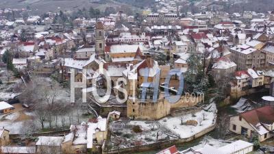 Aerial View Of The City Of Arbois Under The Snow Filmed By Drone