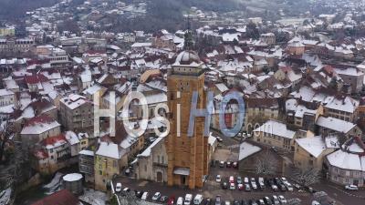 Aerial View Of The City Of Arbois Under The Snow Filmed By Drone