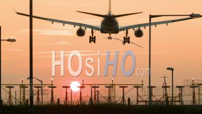 Passenger Plane Landing At Sunset