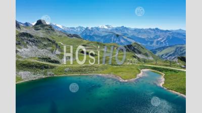 Aerial View Of The Lake Of Bellecote In Savoie Seen By Drone