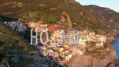 Village In Cinque Terre At Sunset, Italy - Video Drone Footage