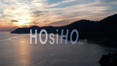 Sunset On The Sea In Cinque Terre, Italy - Video Drone Footage