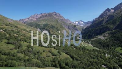 Mountain, Pastures, Village And Forest Near Villar D'arêne, At The Foot Of The Meije Mountain Range, Hautes-Alpes, France, Viewed From Drone