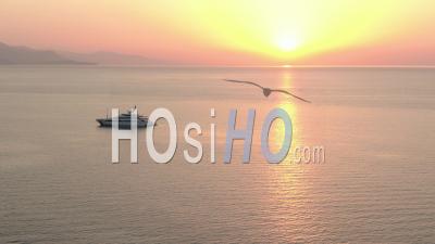 Luxury Yacht In The Sunrise On The Bay Of Antibes, French Riviera, Filmed By Drone, France