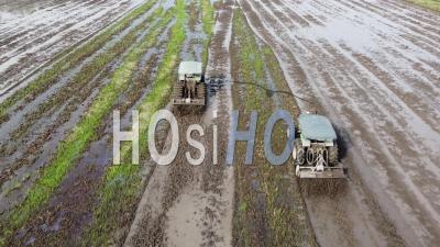 Aerial View Two Tractors Plough In Field - Video Drone Footage