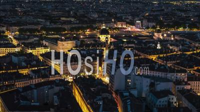 Establishing Aerial View Shot Of Lyon Fr, Auvergne-Rhone-Alpes, France At Night Evening - Video Drone Footage