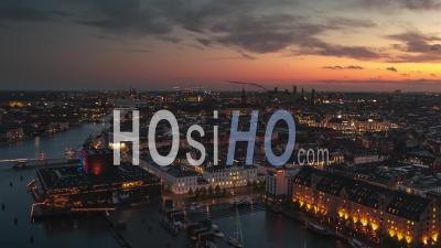 Establishing Aerial View Shot Of Copenhagen, Capital Of The North, Denmark, Mega Sunset - Video Drone Footage