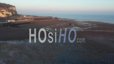 Beach Of Saint-Valery-En-Caux In Autumn During The Sunrise - Video Drone Footage