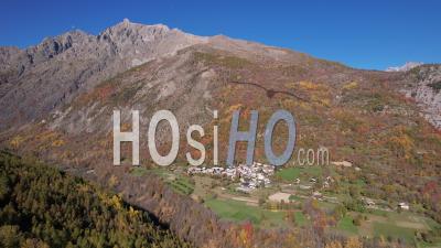 The Village Of Le Villard Near Vallouise In The Valley Of The Torrent De L'onde, In Autumn, Hautes-Alpes, France, Viewed From Drone
