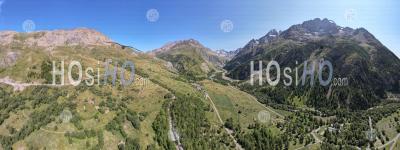 180 ° Panorama, At The Foot Of The Col Du Lautaret On The Northern Slope Of The Romanche Valley, Hautes-Alpes, France, Aerial Photo By Drone