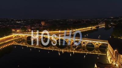 Establishing Aerial View Shot Of Toulouse Fr, Haute-Garonne, France At Night Evening - Video Drone Footage
