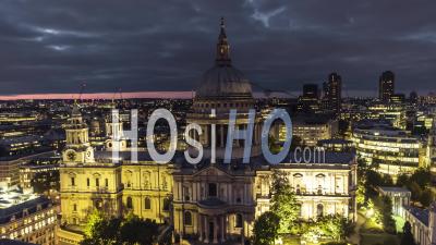 St Pauls Cathedral At Night Evening, Establishing Aerial View Shot Of London Uk, United Kingdom - Video Drone Footage