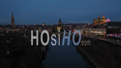 Canal Of The Moselle And Monuments Metz At Night - Video Drone Footage