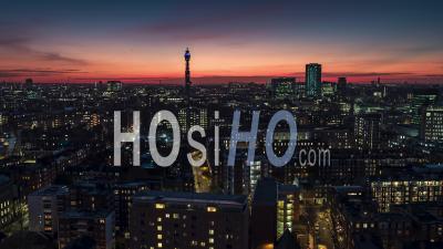 Establishing Aerial View Shot Of London Uk, United Kingdom, Red Sunset And Bt Tower, Skyline - Video Drone Footage