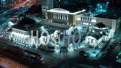 Night Top View Of The Historic Building Sinara Center In Yekaterinburg. Russia - Video Drone Footage