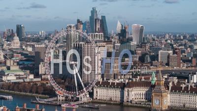 Big Ben, The City Of London And London Eye, Establishing Aerial View Shot Of London Uk, United Kingdom, Day - Video Drone Footage