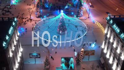 Christmas Tree In The Central Square Of The City. View From Above. - Video Drone Footage